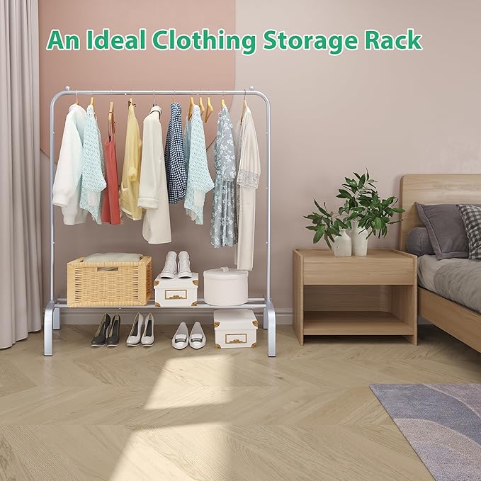 JIUYOTREE Metal Clothing Rack 43.3 Inches Clothes Garment Coat Rack with Bottom Shelf Clothing Rack for Hanging Clothes Coats Skirts Shirts Sweaters Silver Gray