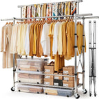 Heavy Duty Clothes Rack Load 620 LBS Foldable, Triple Rod Rolling Garment Rack for Hanging Clothes with Sturdy Wheels & Shelves, Adjustable ＆ Portable Commercial Clothing Rack with Lockable Wheels