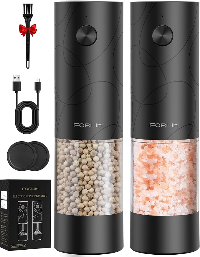 FORLIM Electric Salt and Pepper Grinder Set, USB Rechargeable, Automatic Salt Pepper Mill Grinder with Dust Cover, One-Button Control, Adjustable Coarseness, White LED Light (2 Packs, Black)