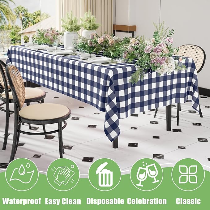 Smiry 3 Pack Navy Gingham Disposable Tablecloths - 54" x 108" Heavy Duty Plastic Table Cloth, Waterproof Buffalo Plaid Table Covers for Picnic, Banquets, Outdoor Parties