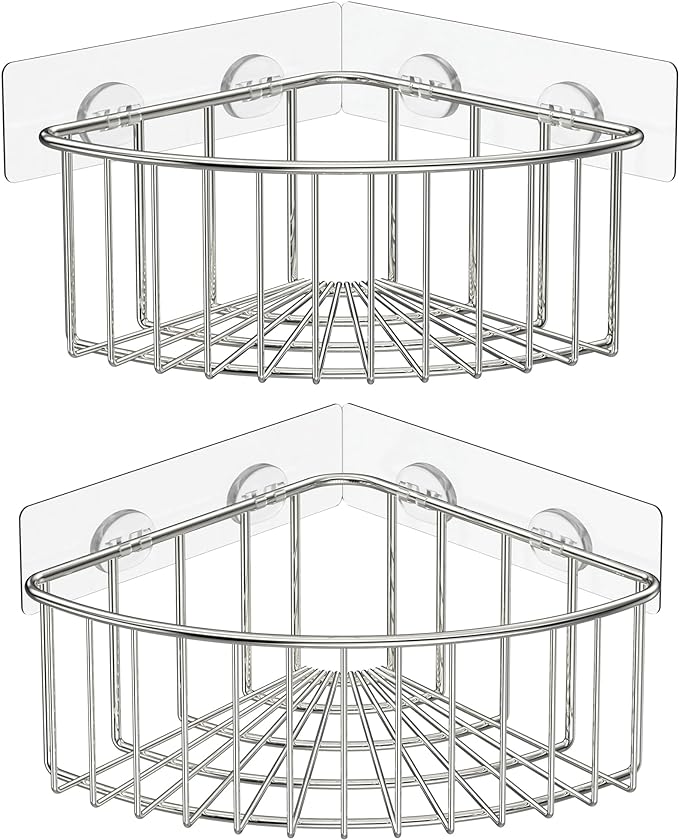 SMARTAKE 2-Pack Corner Shower Caddy Deep Basket Design, SUS304 Stainless Steel, Wall Mounted Bathroom Shelf with Adhesive, Storage Organizer for Toilet, Dorm and Kitchen (Silver)