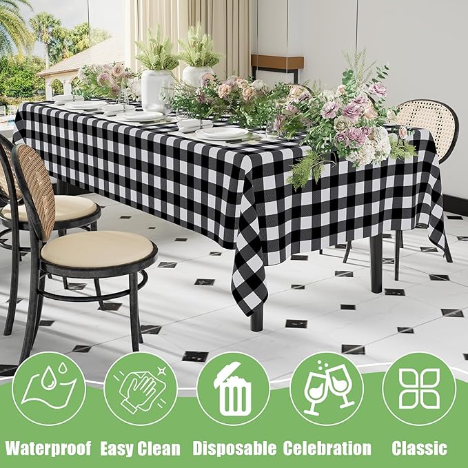 Smiry 3 Pack Black Gingham Disposable Tablecloths - 54" x 108" Heavy Duty Plastic Table Cloth, Waterproof Buffalo Plaid Table Covers for Picnic, Banquets, Outdoor Parties