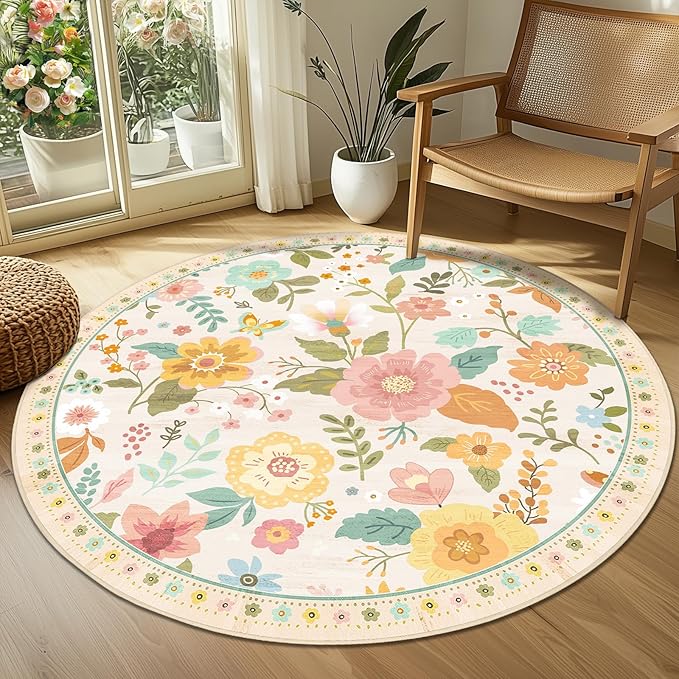 Floral 6ft Area Rug Machine Washable Soft Print Boho Carpet Non Slip Doormat Low Pile Flower Area Rugs for Living Room Bedroom Nursery Kitchen Dining Room Indoor-Beige/White/Orange