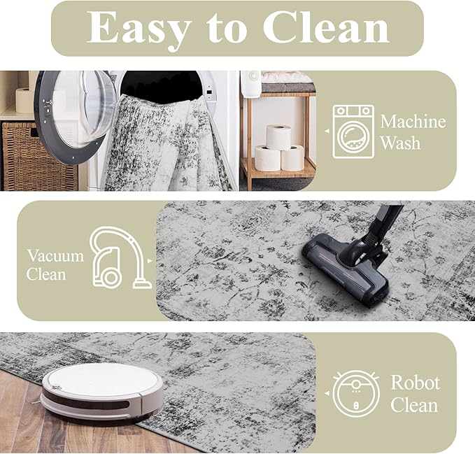 9x12 Area Rug Living Room Rugs, Stain Resistant Washable Rug, Vintage Large Non-Slip Backing, Low Pile Lightweight Print Rug for Bedroom Dinning Room Home Office (White/Grey)