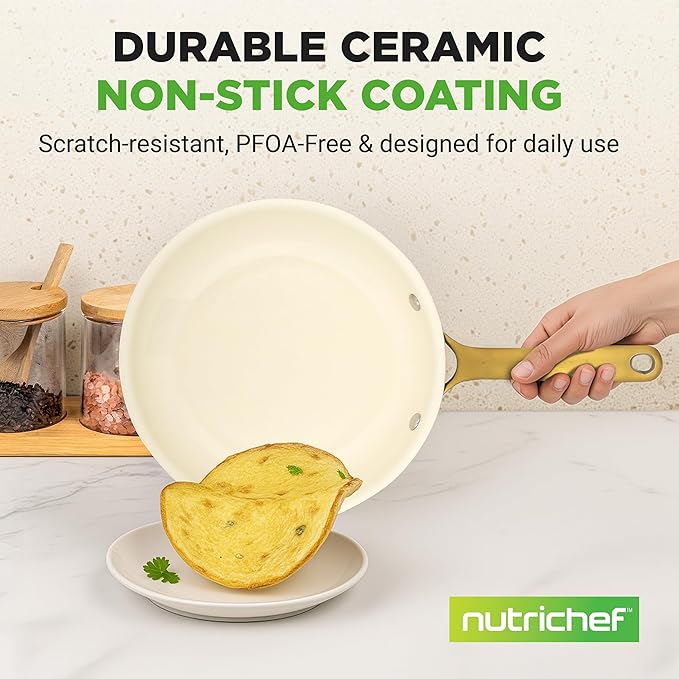 NutriChef 12 Inch Large Ceramic Coated Frying Pan - Non Stick Skillet with Titanium Handle, Omelet Pan Durable, Easy to Clean - Gas, Electric, Ceramic and Induction Compatible Cookware