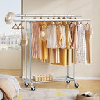 FAVOOSTY Clothes Rack for Hanging Clothes Double Rods, Rolling & Extending Clothing Rack with Wheels, Garment Coat Rack Freestanding, Portable Clothes Rack, Sliver