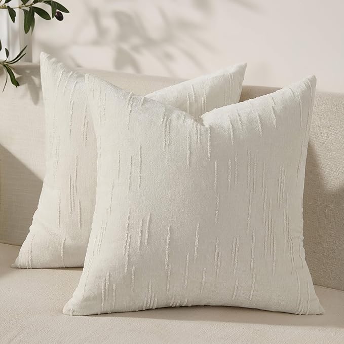 Set of 2 Soft Textured Throw Pillow Covers 24x24, Invisible Zipper Neutral Cushion Cases, Easy - Care Decorative Farmhouse Decor for Living Room Couch (White, 24" x 24" (Pack of 2))