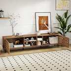 Giantex Mid Century Modern TV Stand for 60-80 Inch TV, Large Entertainment Center w/Storage Cabinet, Basket Weave Wooden Door & Open Compartment, Wood Media Console Table for Living Room Bedroom