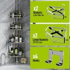 LAMU Shower Caddy Corner Tension Pole, Stainless Steel Shower Organizer, Strong Spring, 5 Adhesive Pads, 2.4 in Non-Slip Grid Base, Adjustable 4-Tier Basket, 4 Hooks, Fits Heights 37.8-124 in, Silver
