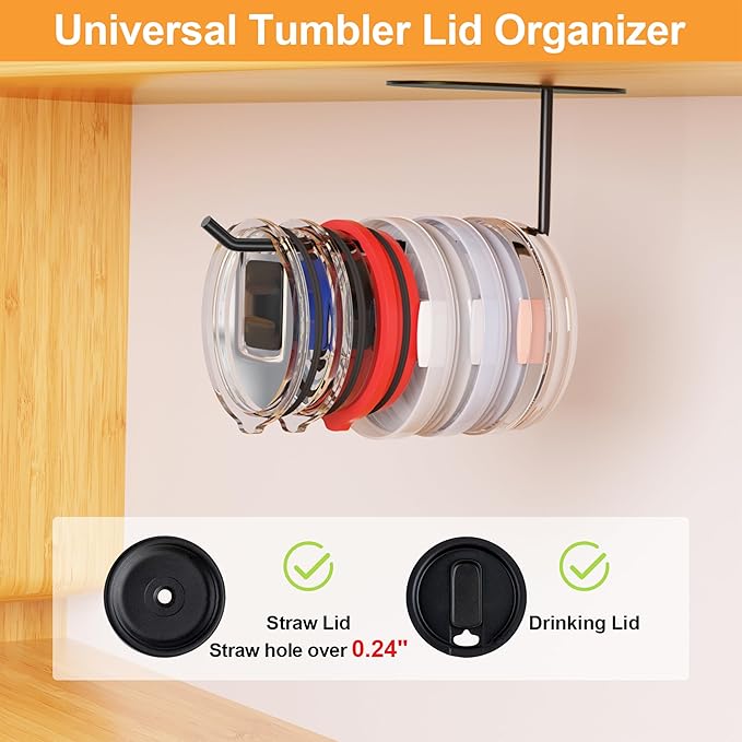 4 Pack Tumbler Lid Organizer, Space Saving Cup Lid Organizer for Yeti/Stanley/Simple Modern Tumbler Lids, Self-Adhesive or Drilling Tumbler Lid Hook for Kitchen Organizers and Storage