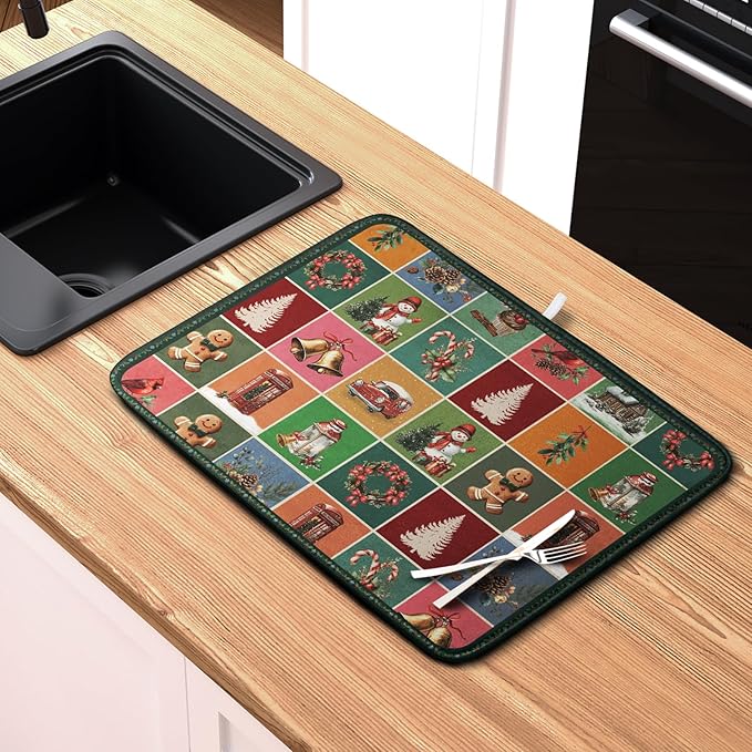 Christmas Dish Drying Mats for Kitchen Counter Cute Xmas Holiday Dish Drainer Pad Microfiber Absorbent Winter Dish Draining Mat Washable Dish Drainer Rack Mat Medium 16x18 Inch