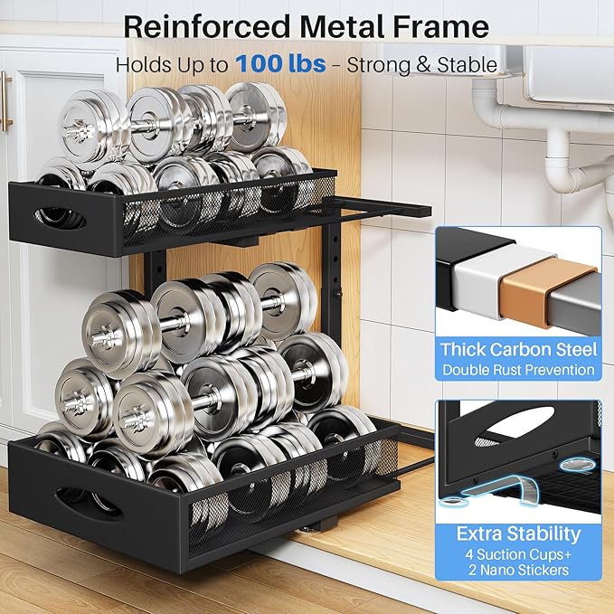 Under Sink Organizer, 2 Pack 2 Tier Pull Out Under Cabinet Organizer Shelf with Pad for Framed Cabinets, Metal Slide Out Under Sink Storage, Mesh Sliding Drawers for Kitchen Bathroom Laundry, Black