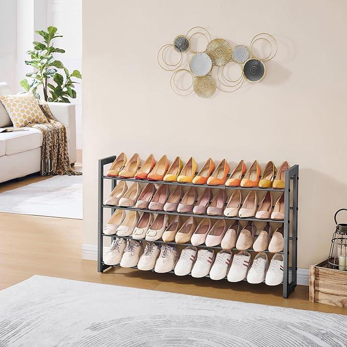 FAVOOSTY 4-Tier Expandable Shoe Rack, Adjustable Shoe Shelf Storage Organizer Space Saving Metal Free Standing Shoe Rack for Entryway Closet Doorway, Silver Grey