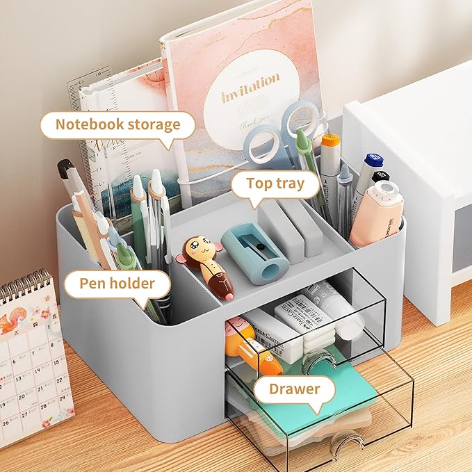 Marbrasse Pen Organizer with 2 Drawer, Multi-Functional Pencil Holder for Desk, Desk Organizers and Accessories with 5 Compartments + Drawer for Office Art Supplies (Grey)