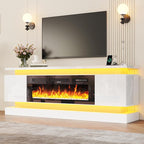chartustriable 71IN LED TV Stands w/40 inch Fireplace Power Outlet for 85/80/75 Inch TVs,High Glossy Modern TV Media Console Gaming with 2 Storage Cabinets,Dual LED Lights,White