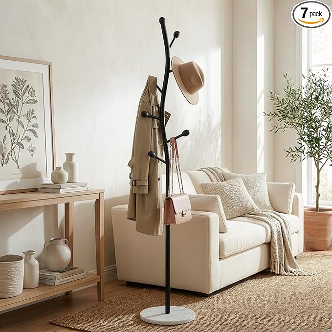 sawsile Black Coat Rack Freestanding,Coat Hanger Stand with Natural Marble Base,Modern Sturdy Metal Clothes Rack Standing Hall Tree Hanger for Hats,Scarf, Bag, Jacket