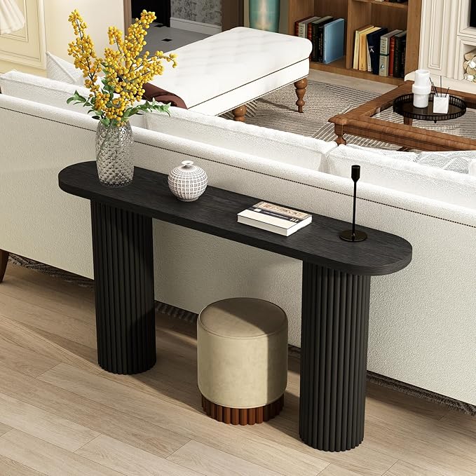 55" Fluted Console Table with Solid Wood Legs, Long Farmhouse Entryway Table with Rounded Corners, Morden Sofa Tables Behind Couch for Foyer, Entrance, Living Room, Hallway