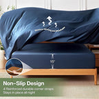 MR&HM Fitted Sheet & Pillowcase Set Queen, 3-Piece Blend Rayon Derived from Bamboo, Silky Soft & Breathable, 15" Deep Pocket with Elastic Straps, Cooling Sheets for Hot Sleepers, Navy Blue
