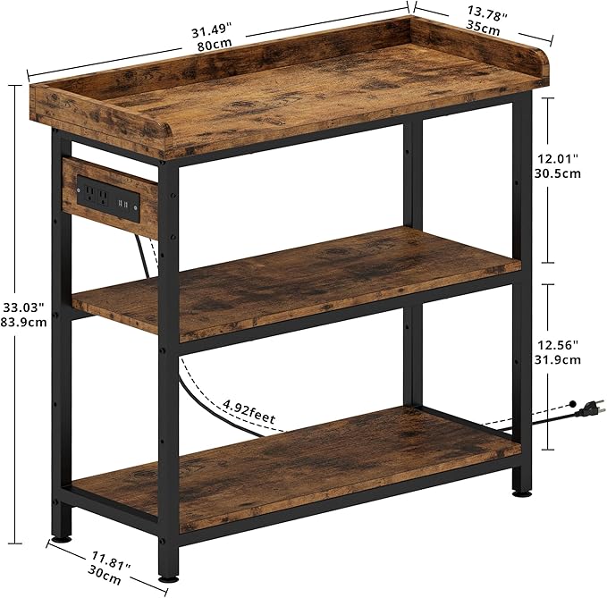 IRONCK Console Table, Sofa Table with Power Outlet, Farmhouse Hallway Table for Entryway, Living Room, Height Adjustable, Easy Assembly, Rustic Brown,32"