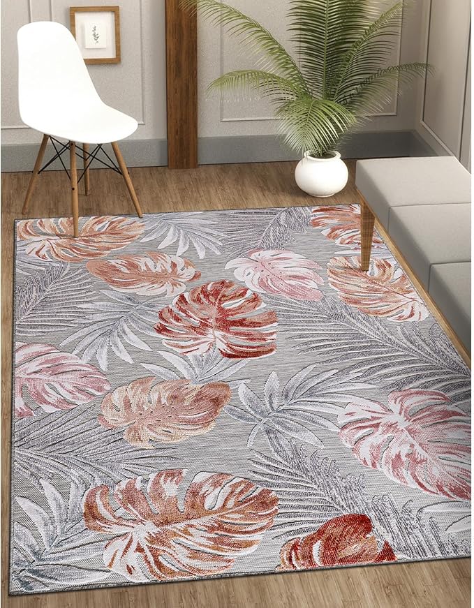 CAMILSON Indoor Outdoor Rug, Multi 5x7 Leaf Tropical Botanical Area Rugs for Indoor and Outdoor patios, Easy-Cleaning Non-Shedding Living Room, Garden and Kitchen Washable Outside Carpet (5 x 7)