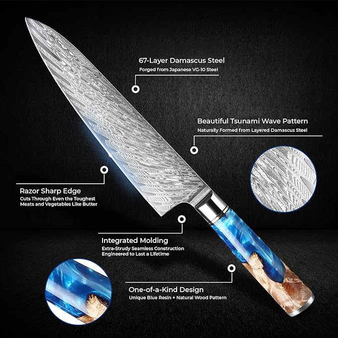 SENKEN 15-Piece Damascus Knife Block Set - "Tsunami" Collection Japanese Chef Knife Set - 67-Layer Japanese VG10 Steel Blades, Includes Chef Knife, Cleaver, 6 Steak Knives (Blue)