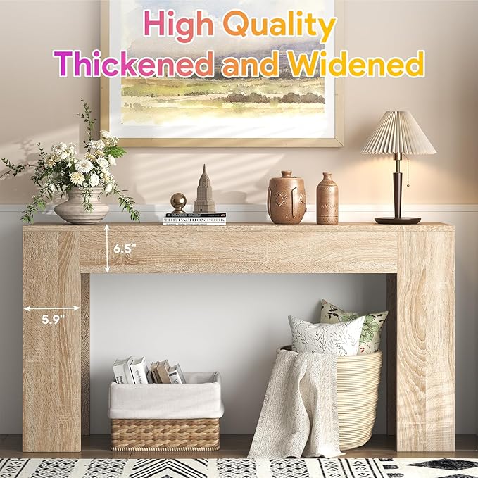 knoworld 63-Inch Long Console Table with LED Light, Farmhouse Sofa Table Behind Couch, Wooden Console Table for Entryway Hallway Entrance Living Room, Nature