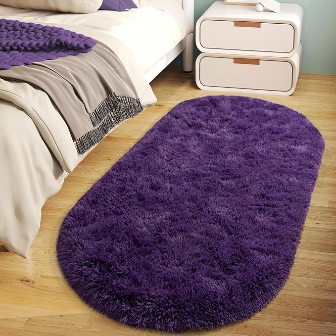 Soft Fluffy Area Rug for Bedroom, Purple Fuzzy Shaggy Oval Throw Rugs for Bedside, Non-Slip Cozy Plush Shag Carpet for Girls Kids Room Nursery Dorm Living Room, 2.6 x 5.3 Feet