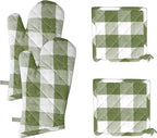 Native Fab Buffalo Plaid Check Oven Mitts and Pot Holders Set of 4, 100% Cotton Heat Resistant Kitchen Gloves, 2 Oven Mitts (7x13), 2 Pot Holders (8x8) for Cooking & Baking, Mint Green White