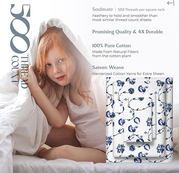 Mayfair Linen 100% Cotton Printed Bed Sheets Queen Size Set - 500 Thread Count Cotton Sheets for Queen Size Bed, 4 PC Set (Floral Blue), Soft, Cooling, Sateen Hotel Quality 16" Deep Pocket Bedsheet
