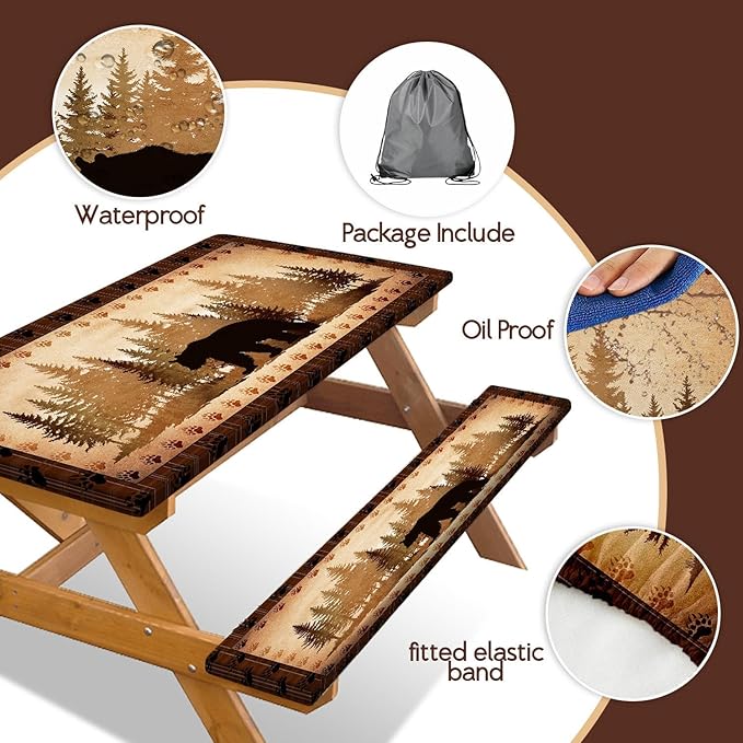 30X72 Inch Brown Bear Picnic Table Cover with Bench Cover and Drawstring Bag, Waterproof Washable Fitted Outdoor Tablecloth Rectangular Elastic Edged for Camping Outdoor Travel, 3 Pieces Set