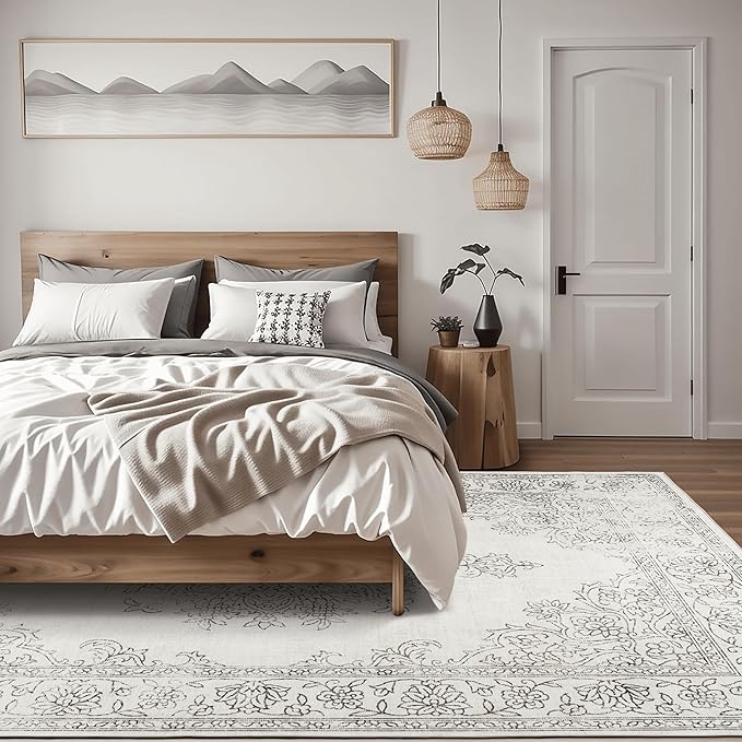 ReaLife Rugs Machine Washable Area Rug Runner - Living Room Bedroom Bathroom Kitchen Entryway Office - Padded Low Pile Stain Resistant Premium - Boho Farmhouse Vintage - Paige - Ivory 3' x 5'