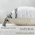 Boho Pillow Cover 18x18 Black - Handmade Woven Textured Throw Pillow Case with Cordings & Tassels, Decorative Accent for Couch Sofa Farmhouse Living Room Home Decor