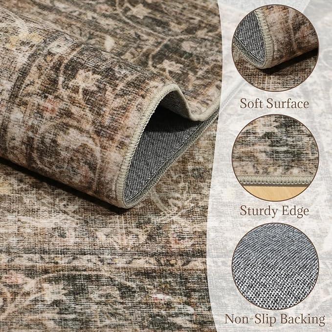 6x9 Washable Rug Vintage Fade Resistant Boho Distressed Non-Slip Indoor Large Carpet Low Pile Lightweight & High-Traffic Safe for Bedroom, Dorm, Playroom - Farmhouse Decor