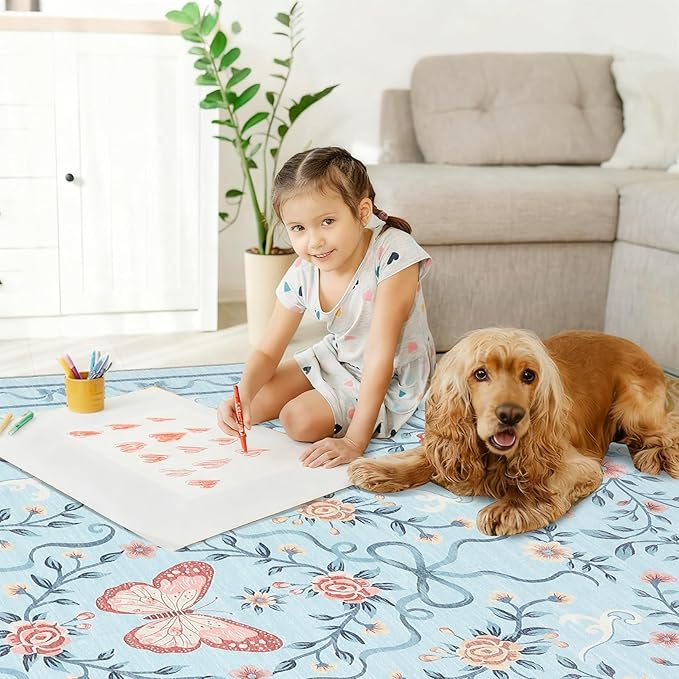 GarveeHome Washable Floral Area Rug 5x7 for Living Room Non Slip Bedroom Rug Soft Stain Resistant Large Dining Room Throw Carpet Low Pile Blue Bow Rugs Butterfly Flower Carpet for Nursery Entry, 5x7
