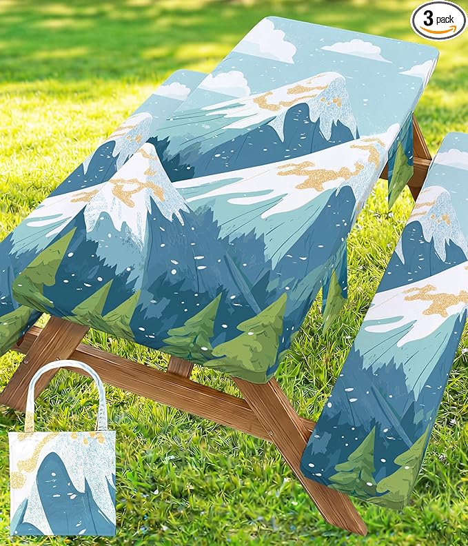 Picnic Table Cover with Bench Covers Waterproof Vinyl Elastic Rectangle Fitted Table Cloth Camping Lovers Essentials Rv Car Travel Overlanding Outdoor Roadtrip Road Trip Men Women Camper Gifts 8 Foot
