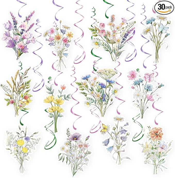 Wildflower Hanging Swirls - 30Pcs Wildflower Ceiling Hanging Decorations Floral Hanging Streamers for Spring Flower Garden Themed Party Supplies