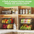 4 Pack Stackable Wire Baskets for Pantry Organizers and Storage, Pantry Baskets with Fixed Wooden Top, Fruit and Vegetable Storage Bins for Organizing Onion Potato Snack for Kitchen Cabinet/Countertop