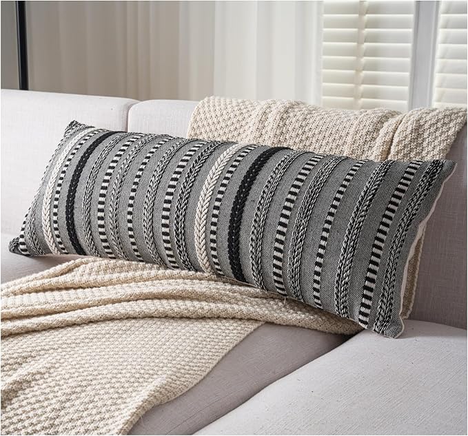 Boho Lumbar Pillow Covers 14x36 Long, Farmhouse Decorative Couch Pillow Cases, Black Accent Pillows of Bed, Sofa Bedroom Living Room Home Decor Cushion Cover, Pack of 1