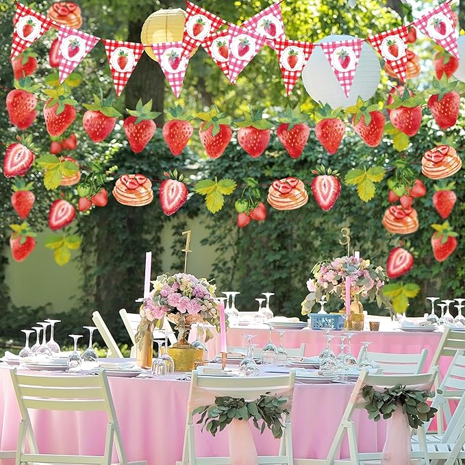 Strawberry Birthday Banners, 5 Pcs Girl Party Banners, Berry First Birthday Decor for Girls, Strawberry Baby Shower