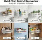 PUSDON Mesh Shower Caddy Wall Mount, Heavy Duty Adhesive Bathroom Shelf Organizer, Rustproof Floating Spice Rack for Kitchen Pantry, Holds 50 LBS, Multi-Purpose Storage White-2 Packs (Netting)