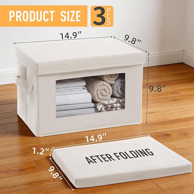 3 Pack Storage Bins with Lids, Fabric Foldable Storage Bins with Soft Cord Handles, Canvas Storage Bin with Lid for Organizing Clothes, Blankets and Books, Beige