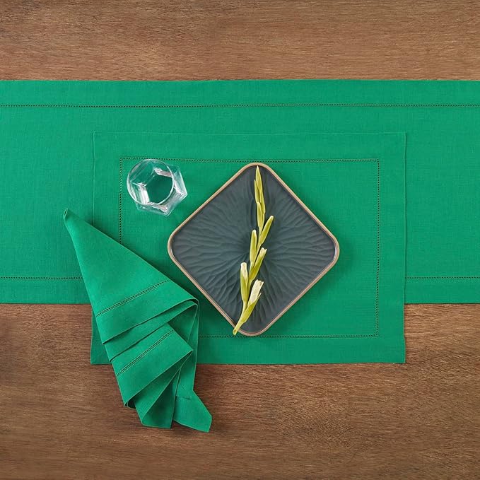 Solino Home Linen Hemstitch Table Runner 108 Inches Long - 100% Pure Linen Emerald Green Table Runner 14 x 108 Inch for Christmas, New Year - Classic Hemstitch