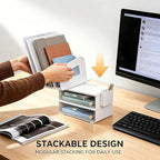 CiWiVOKi White Desk Organizer with 4 File Holder Slots, 2 Clear Drawers & Dual Pen Holders, Sturdy Multi-Functional Desktop Storage for Home Office, Mail Sorter & Caddy