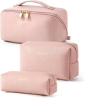 BAGSMART Makeup Bag Travel 3 Pcs Set Cosmetic Bag, Large Make Up Bag Flat Open Toiletry Bag for Women, PU Leather Travel Essentials Organizer Case, Wide-open Pouch for Skincare, Brushes, Nude Pink