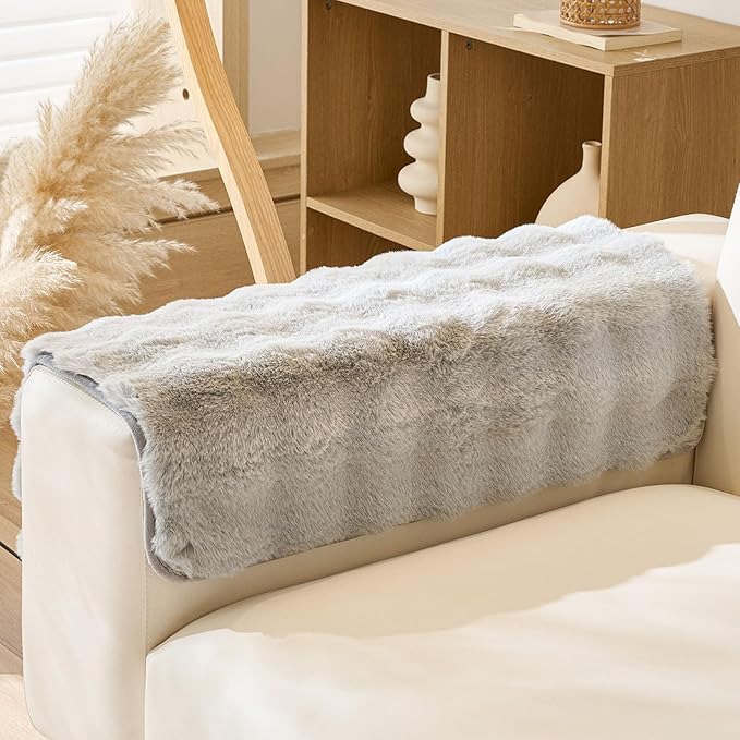 Faux Fur Armrest Cover Backrest Cover Fuzzy Plush Thick Bubble Sofa Cover Luxury Soft Cozy Couch Cover Anti-Slip Sofa Slipcover Washable Furniture Protector (Light Grey,28"x28")