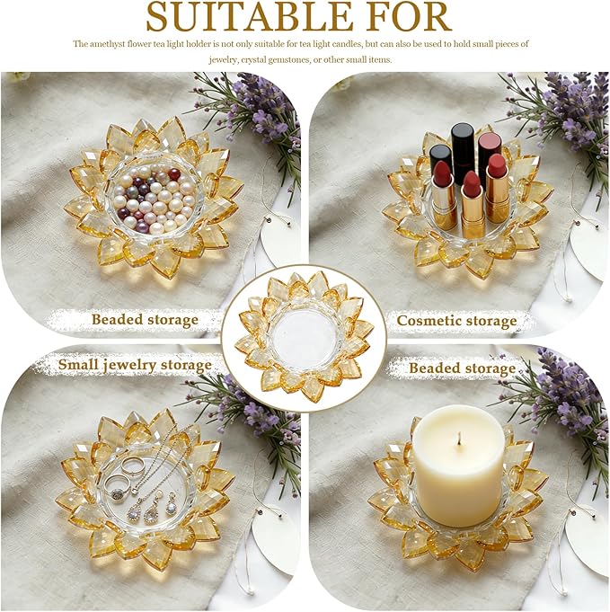 Crystal Flower Jewelry Tray, Luxury Transparent Decorative Trinket Dish for Rings, Earrings, Necklaces, Keys for Vanity Dresser Nightstand, Elegant Gift for Women Mother's Day (1, 6.3"(W)- Gold)