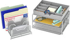 Simple Houseware Mesh Desk Organizer with Sliding Drawer, Double Tray and 5 Stacking Sorter Sections, Silver