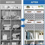 Temary 12x12x12 Fabric Storage Bins 4 Pack with Leather Handle, Foldable Cubes Storage Box Baskets for Closet, Shelf (White&Lattice)