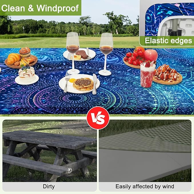 Picnic Table Cover with Bench Covers Portable Table Cloth Built-in Storage Pocket Fitted Tablecloth with Elastic Edges Waterproof Camping Essentials for Indoor Outdoor Rv,96in,Blue Purple