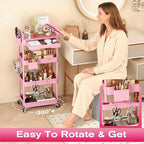 Goovilla Rolling Makeup Organizer Cart with Removable Drawer, 4 Tier Stable Pink Floor Skincare Storage Cart for Vanity, Cosmetic Display, Nail Polish, Perfume, Hair Stuff, Beauty, Bathroom(Plastic)